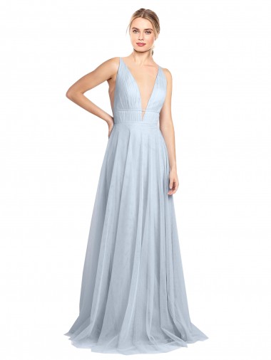 Discount Plunging Deep V-Neck Long Tulle Bridesmaid Dress with V-Back