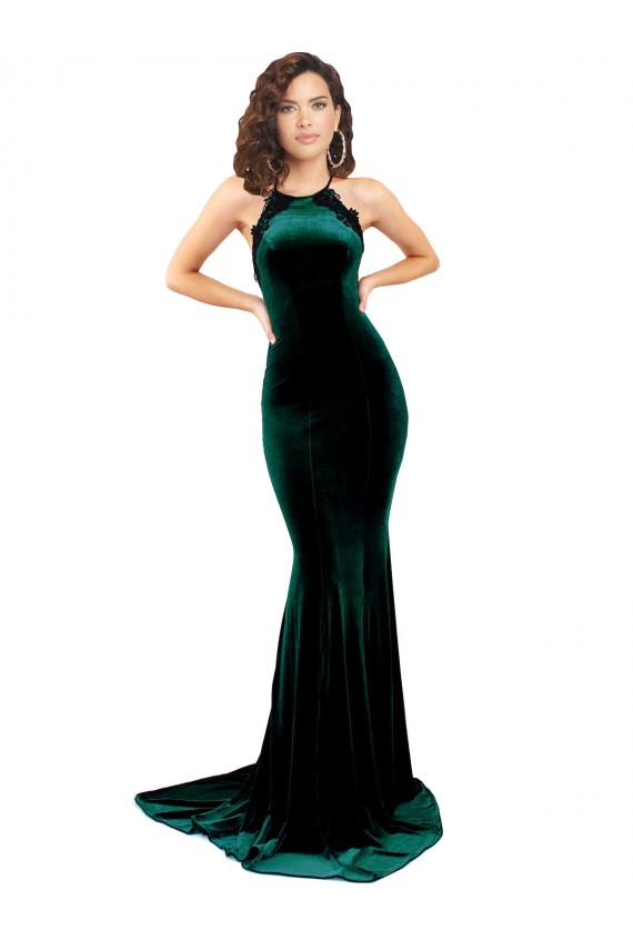 High Neck Stretch Velvet Bridesmaid Dress with Black Lace Embroidery