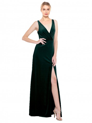 Discount Sleek V-Neck Long Velvet Bridesmaid Dress with Side Slit