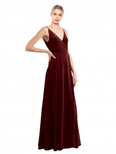 Discount Faux Wrap V-Neck Sleek Long Velvet Bridesmaid Dress