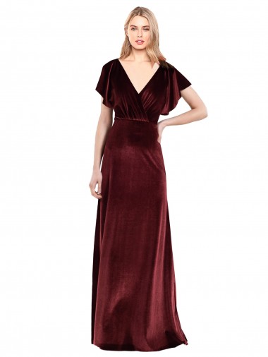 Discount Flutter Sleeves Open Back Long Velvet Bridesmaid Dress