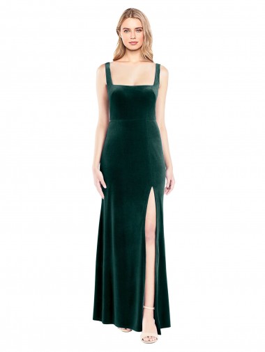 Discount Square Neck Full Length Velvet Bridesmaid Dress with Side Slit