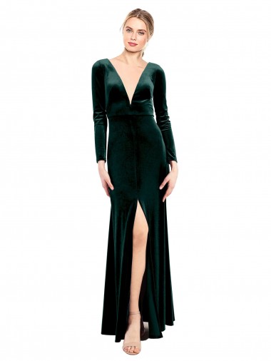 Discount Plunging V-Neckline Long Sleeves Open Back Velvet Bridesmaid Dress