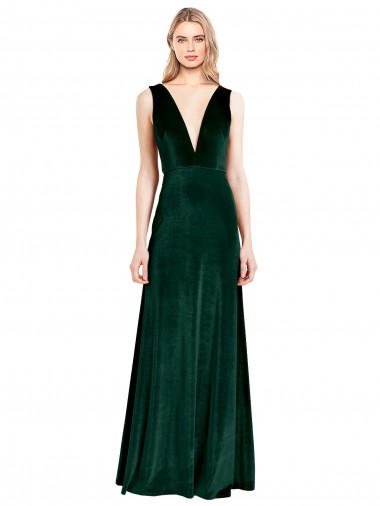 Discount Daring Deep V-Neck Long Full Length Velvet Bridesmaid Dress