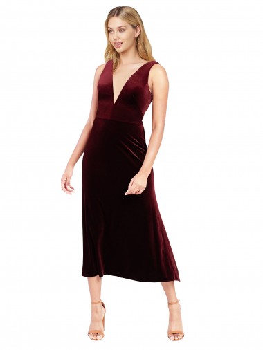Discount Daring Plunging V-Neckline Short Midi Length Velvet Bridesmaid Dress
