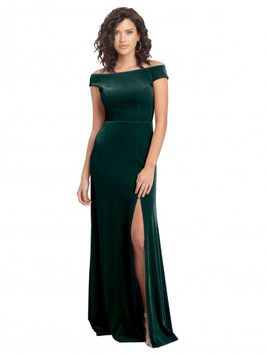 Discount Floor Length Cap Sleeves Long Velvet Bridesmaid Dress with High Side Slit