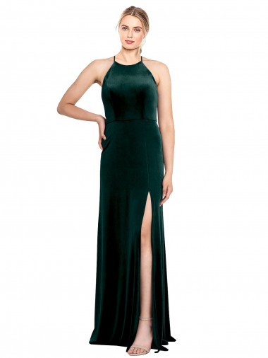 Discount Long Jewel Neck Full Length Velvet Bridesmaid Dress with Side Slit