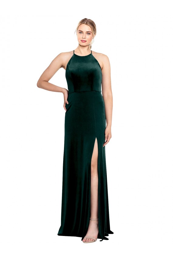 Long Jewel Neck Full Length Velvet Bridesmaid Dress with Side Slit