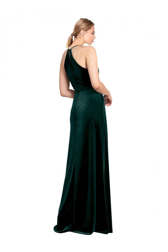 Long Jewel Neck Full Length Velvet Bridesmaid Dress with Side Slit