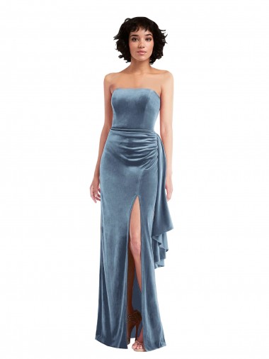Discount Strapless Velvet Maxi Bridesmaid Dress with Draped Skirt