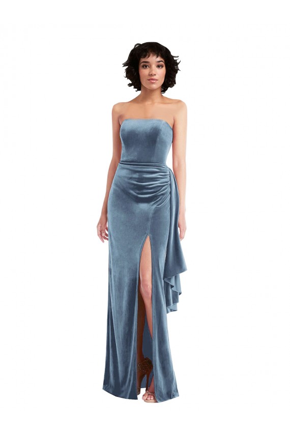 Strapless Velvet Maxi Bridesmaid Dress with Draped Skirt