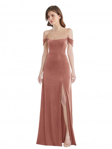 Discount Off the Shoulder Flounce Sleeve Velvet Maxi Bridesmaid Dress