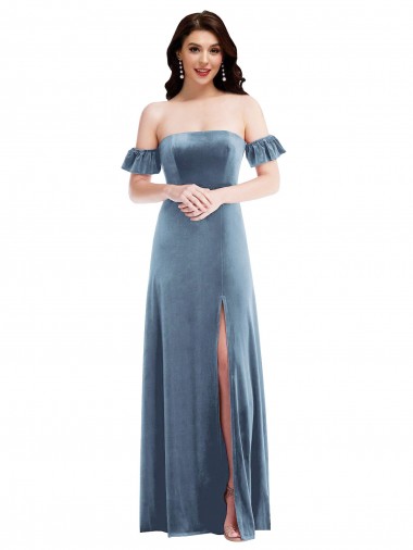Discount Ruffle Sleeve Off the Shoulder Velvet Maxi Bridesmaid Dress