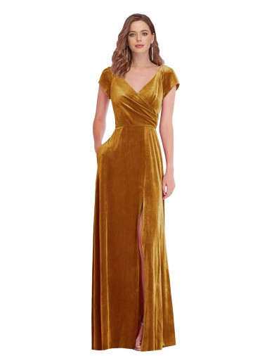 Discount Cap Sleeve Faux Wrap Velvet Maxi Bridesmaid Dress with Pockets