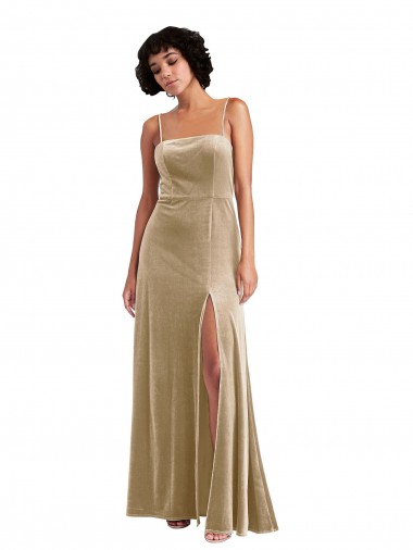 Discount Square Neck Velvet Maxi Bridesmaid Dress with Front Slit