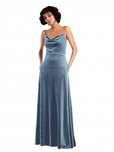 Discount Sleek Cowl Neck Velvet Maxi Bridesmaid Dress with Pockets