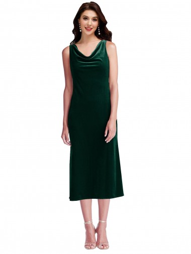 Discount Cowl Neck Velvet Midi Bridesmaid Dress