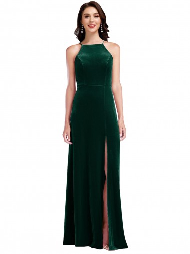 Discount Velvet Halter Maxi Bridesmaid Dress with Front Slit
