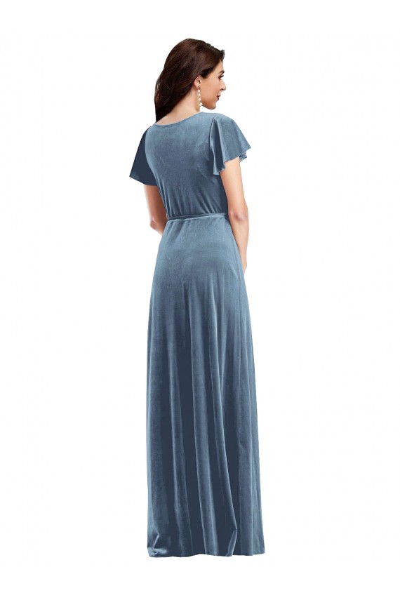 Flutter Sleeve Velvet Wrap Maxi Bridesmaid Dress with Pockets
