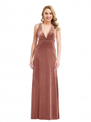 Discount Plunging Neckline Velvet Maxi Bridesmaid Dress with Criss Cross Open Back
