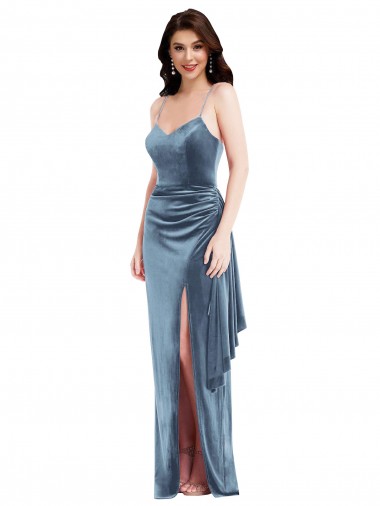 Discount Spaghetti Strap Velvet Maxi Bridesmaid Dress with Draped Skirt