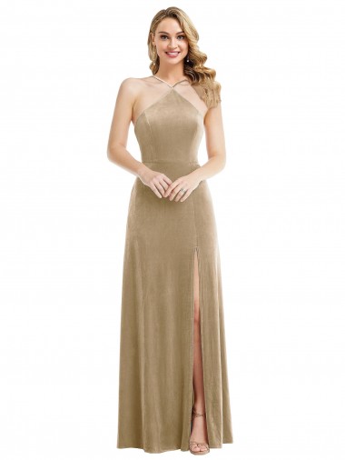 Discount High Neck Halter Open Back Long Velvet Maxi Bridesmaid Dress