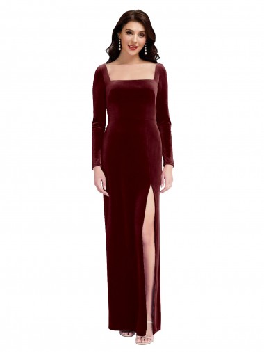 Discount Sleek Square Neck Spaghetti Straps Velvet Bridesmaid Dress with Side Slit