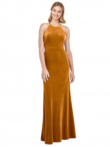 Discount Halter Neckline Long Full Length Velvet Bridesmaid Dress with Strappy Back