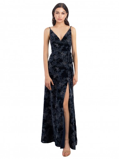 Discount Floral Velvet Surplice V-Neck Long Bridesmaid Dress with V-Back