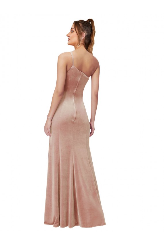 One Shoulder Stretch Velvet Bridesmaid Dress with Front Slit