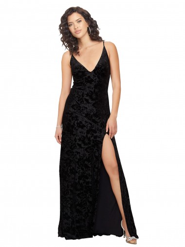 Discount V-Neck Cowl Back Floral Velvet Bridesmaid Dress with Front Slit and Deep V-Neck