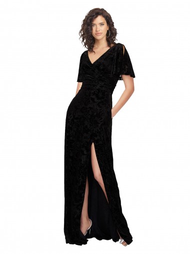 Discount Split Sleeves V-Neck Floral Velvet Bridesmaid Dress with Front Slit