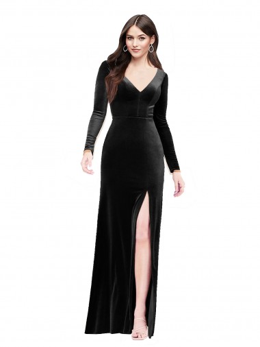Discount Long Sleeves Velvet Bridesmaid Dress with V-Neckline and Thigh Slit