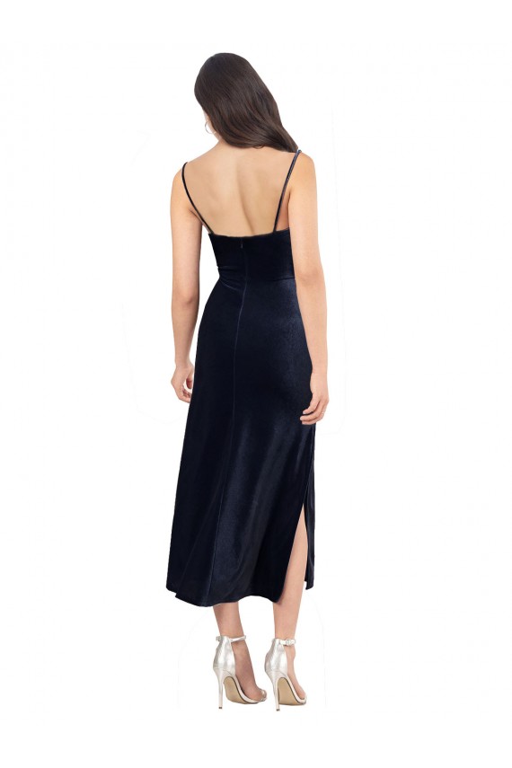 Midi Length Velvet Bridesmaid Dress with Cowl Neck and Spaghetti Straps