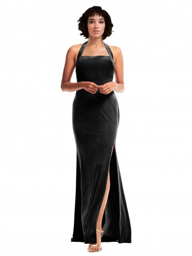 Discount Stretch Velvet Empire Bridesmaid Dress with Halter Strap
