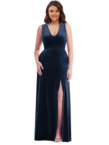 Discount Deep V-Neck Sleeveless Velvet Maxi Bridesmaid Dress with Pockets