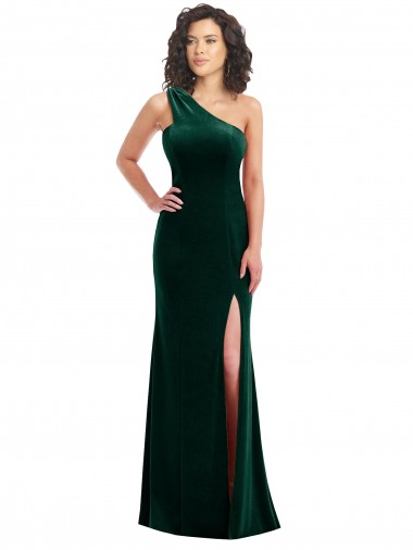 Discount One Shoulder Velvet Trumpet Bridesmaid Dress with Front Slit