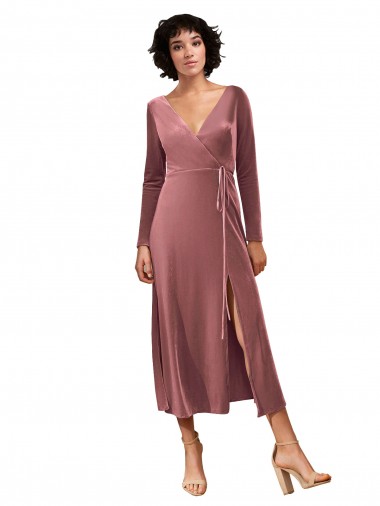 Discount Long Sleeve Velvet Faux Wrap Midi Length Bridesmaid Dress