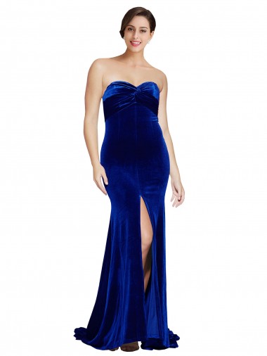 Discount Strapless Ruched Velvet Bridesmaid Dress with Sweep Train and Front Slit