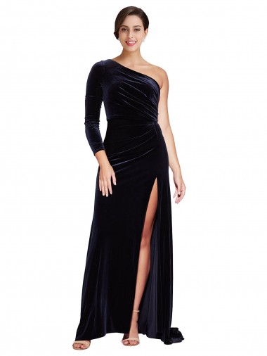Discount One Sleeve Long Velvet Bridesmaid Dress with Thigh High Split