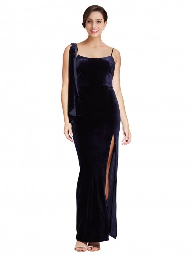 Discount Long Velvet Bridesmaid Dress with Side Thigh Split and Shoulder Tie