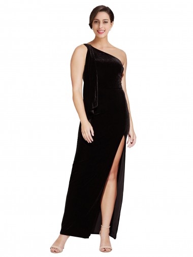 Discount One Shoulder Long Velvet Bridesmaid Dress with Side Split and Shoulder Tie