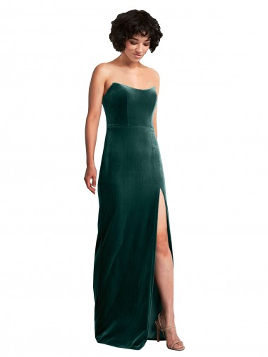 Discount Scooped Strapless Long Velvet Bridesmaid Dress with Daring Side Slit